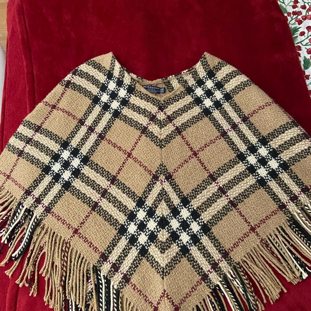 Burberry Tan, Black & White Plaid Knit Poncho